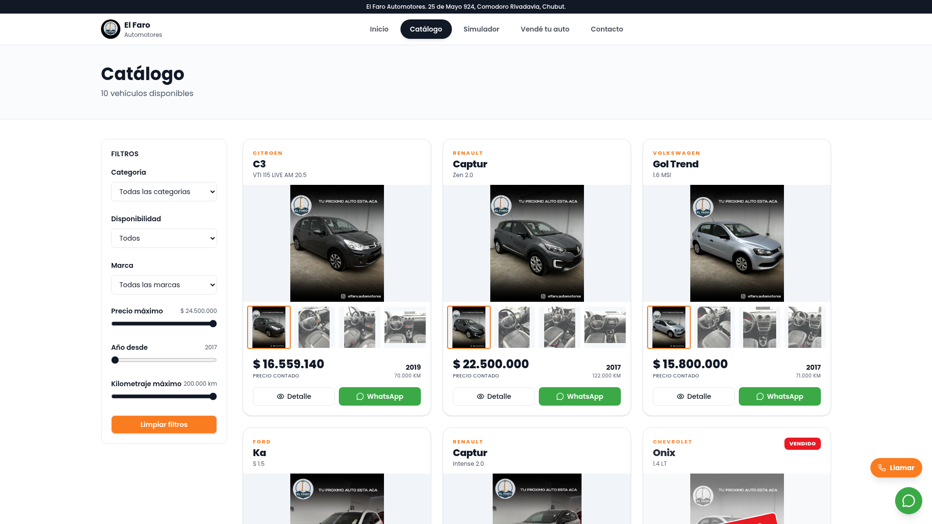 Captura del catálogo web de El Faro Automotores mostrando vehículos con precios y filtros